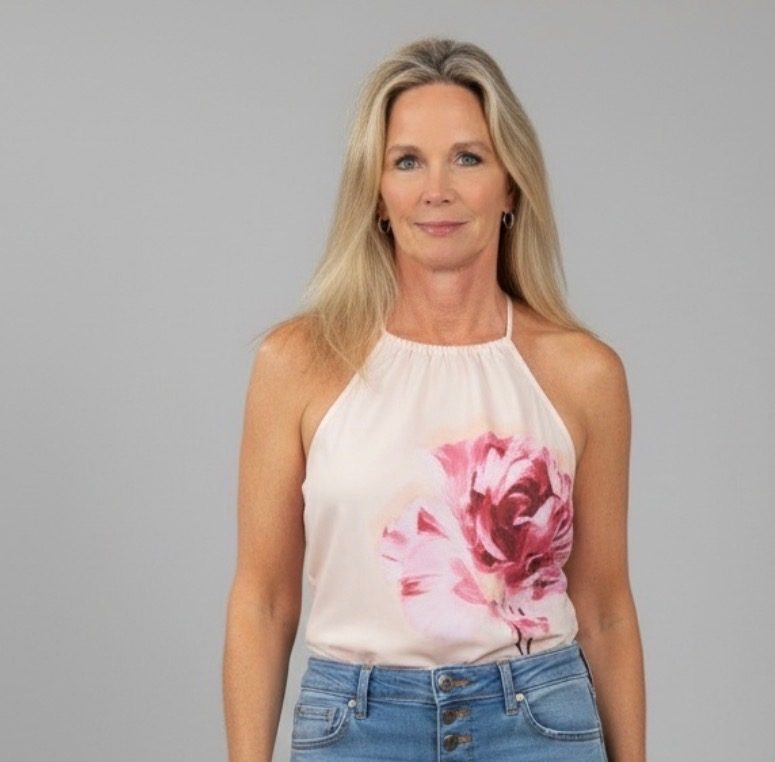 Christine — a Rejuva Haven guest and friend of the studio, photographed against a studio backdrop