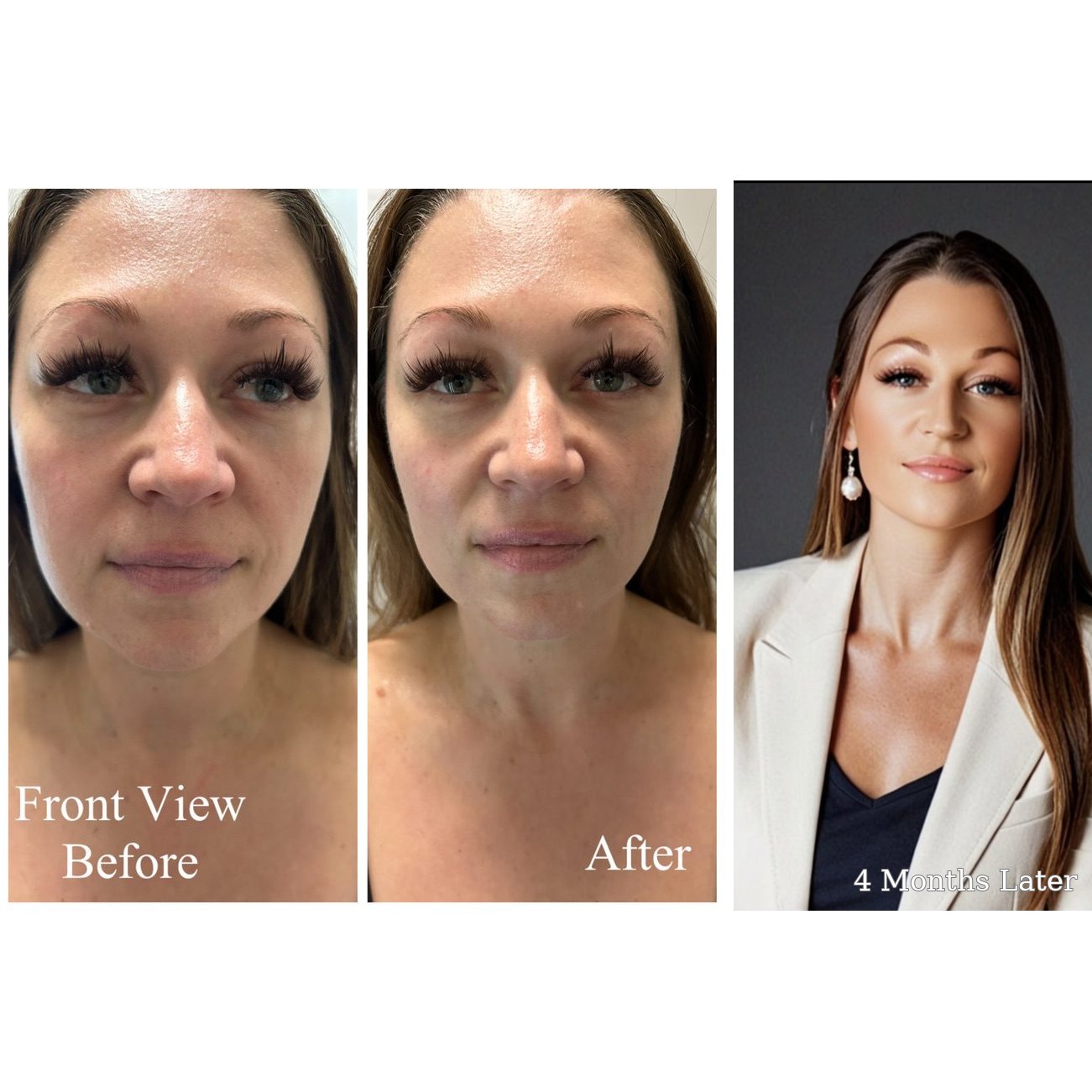 A guest's Thermage FLX progression — before, after, and four months later
