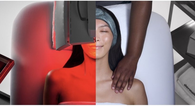 Dermalogica's LuminFusion LED treatment, shown under red light and in natural light